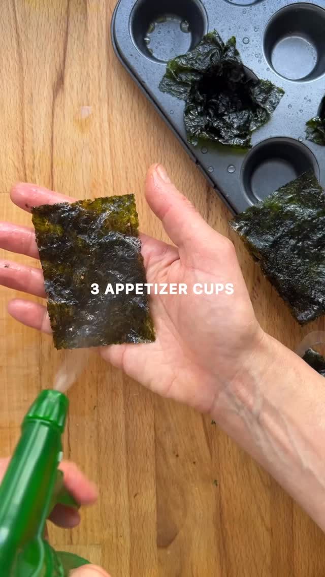 The salads shown in this reel were all just shared in the 24 Days of Dressing series at the top of my feed and are:

Sweet Potato Edamame and Avocado Salad with Ginger Lime Tahini Dressing in Nori Cups (Day 21)

Kale, Quinoa and Pomegranate Salad with Champagne Vinaigrette in Prosciutto Cups (Day 17)

Roasted Beet and Lentil Salad with Pomegranate Vinaigrette in Parmesan Cups (Day 8)

For the Prosciutto Cups:
You’ll need 12 pieces prosciutto to make 24 cups. Preheat oven to 375° F. Cut each piece of prosciutto in half, horizontally. Using a mini muffin tin, drape each prosciutto half individually in the cups of the tin, (you will need 2 tins to do this all at once). Bake prosciutto for 8-10 minutes. Allow to cool before filling. 

For the Nori Cups:�You’ll need 2 oz nori (about 48 rectangular sheets) to make 12 cups. Preheat oven to 300°F. Using a clean, food-safe spray bottle, lightly mist both sides of the nori so it softens and molds without cracking. Layer 4 nori rectangles into each well of a mini muffin tin, slightly offsetting them so the nori overhangs the edges of the muffin wells; it will shrink as it bakes. Bake for 12 min. Let cool in the tin, then gently remove and sprinkle lightly with salt. Use immediately.

Parmesan Cups:�You’ll need 2 cups freshly grated Parmesan (grated using a microplane) to make 12 cups. Heat oven to 375°F. On a parchment-lined sheet pan, make six 3-in circles using 3 tbsp  grated Parmesan per circle. Spread thinly. Bake about 7 minutes until lightly golden. Allowed to cool slightly (for less than 1 min) then transfer to an upside down mini muffin tin to make the cups.
#thesaladwhisperer #saladrecipes #recipeadventcalendar