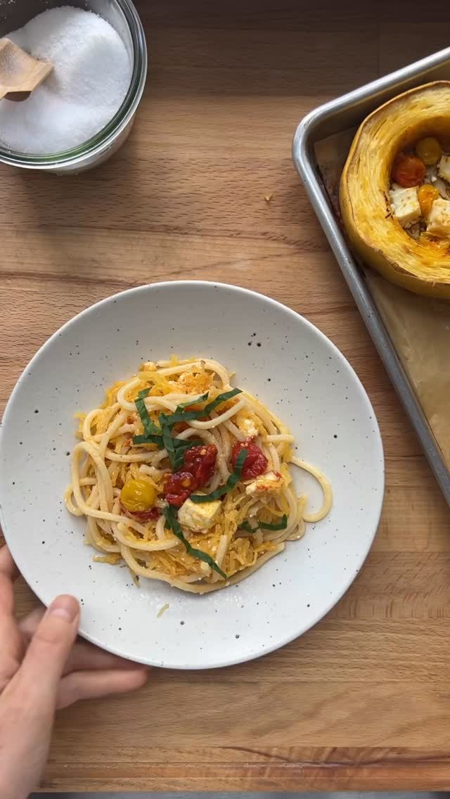 Baked Feta Spaghetti Squash

1 small spaghetti squash
4 oz pasta (any shape, I used spaghetti), cooked
4 oz cherry tomatoes
3-4 oz feta
Olive oil
Salt & pepper
Oregano
Calabrian chilis
Fresh basil

Preheat oven to 400°F and set rack to the middle position. Prick the squash 5–6 times with a fork, then microwave for 4 minutes to soften. Slice squash into four 1 1/2 inch rings and scoop out the seeds. Arrange  rings on a parchment-lined sheet pan, brush with 1 -2 tbsp olive oil & rub with a pinch of salt and pepper. Cover pan tightly with foil, and roast 25 minutes. Toss tomatoes with 1/2 tbsp olive oil, pinch salt and a pinch of oregano. Uncover the squash, reduce oven temp to 375°, nestle tomatoes and feta inside the rings, and roast 35-40 minutes more. Use a fork to separate the squash into strands. Add pasta, then toss and taste for seasoning adding more olive oil and salt if necessary. Finish with Calabrian chilis and basil. (Not eating pasta? Let tomato/feta filled squash rings cool, then toss with cottage cheese- appx. 1/2 cup per ring) It’s delish!

#thesaladwhisperer #viralfetapasta