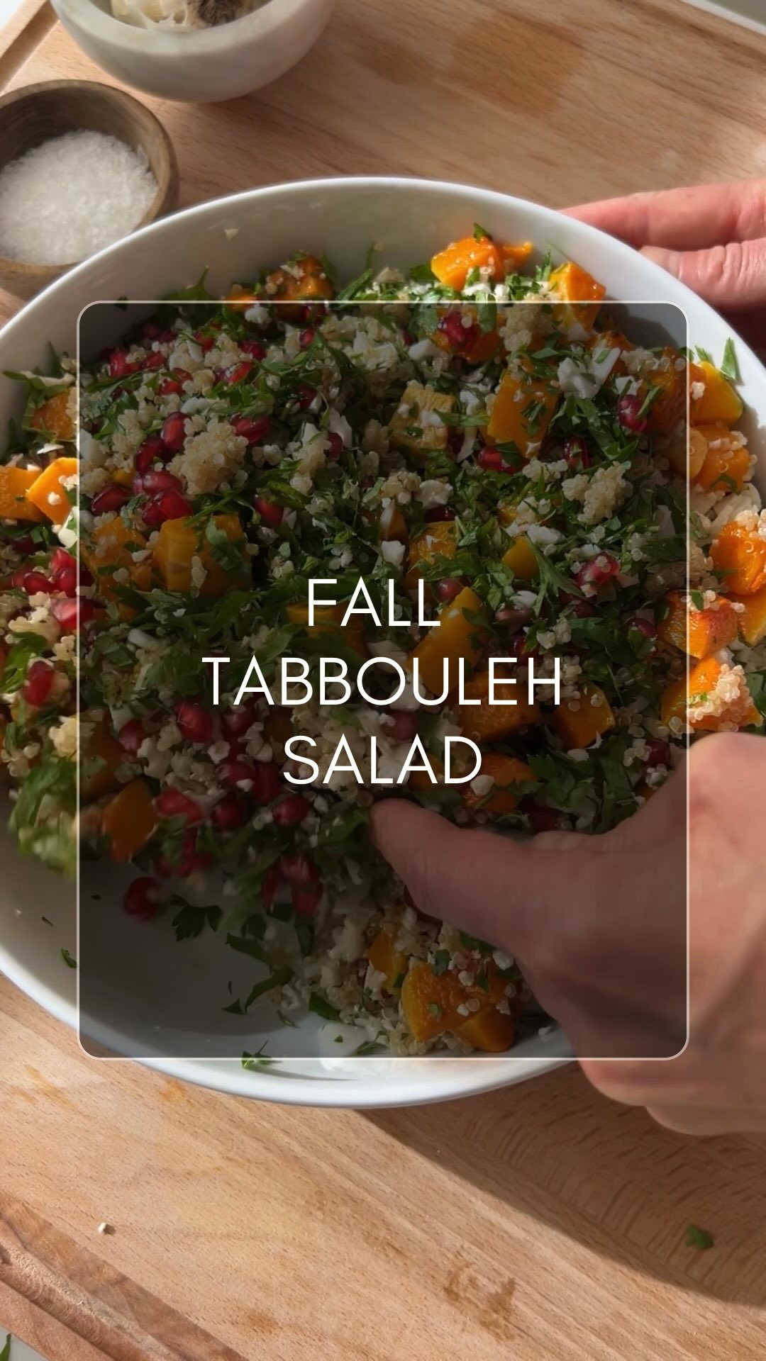 Fall Tabbouleh
(Serves 4)

1 medium butternut squash
2 tbsp grapeseed or other neutral oil
1 1/2 cups of finely chopped cauliflower 
2 packed cups of fresh flat leaf parsley (leaves only)
1/2 packed cup of fresh mint leaves
2 cups cooked quinoa, room temperature or cooler
1/2 cup pomegranate arils
3-4 tbsp Extra Virgin olive oil 
The juice of 1 1/2-2 lemons 
Kosher Salt
freshly ground black pepper
1/2 cup toasted sliced almonds

Preheat oven to 400° (F). Peel and cut the butternut squash into 1/2 inch cubes and place on a parchment paper covered sheet pan. Drizzle with grapeseed oil and season with 1/2 tsp Kosher salt and a few cranks of freshly cracked pepper. Toss to distribute the oil and seasonings evenly.  Place sheet pan on the middle oven rack and roast the squash for about 25-30 minutes. Coarsely chop the parsley and mint and add to a large bowl. Add the chopped cauliflower, quinoa and pomegranate. Once the butternut squash is cool enough to handle, add to the salad along with 3 tbsp of olive oil, the juice of 1 1/2 lemons, and a pinch of salt. Toss and taste. If desired, add the rest of the oil and lemon juice and more salt and pepper. Garnish the salad with the toasted almonds.