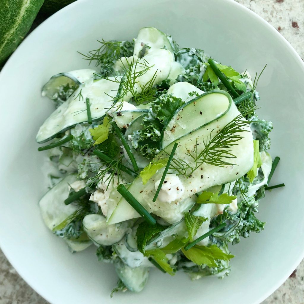 Kale and Cucumber Salad with Greek Yogurt and Feta Dressing THE SALAD