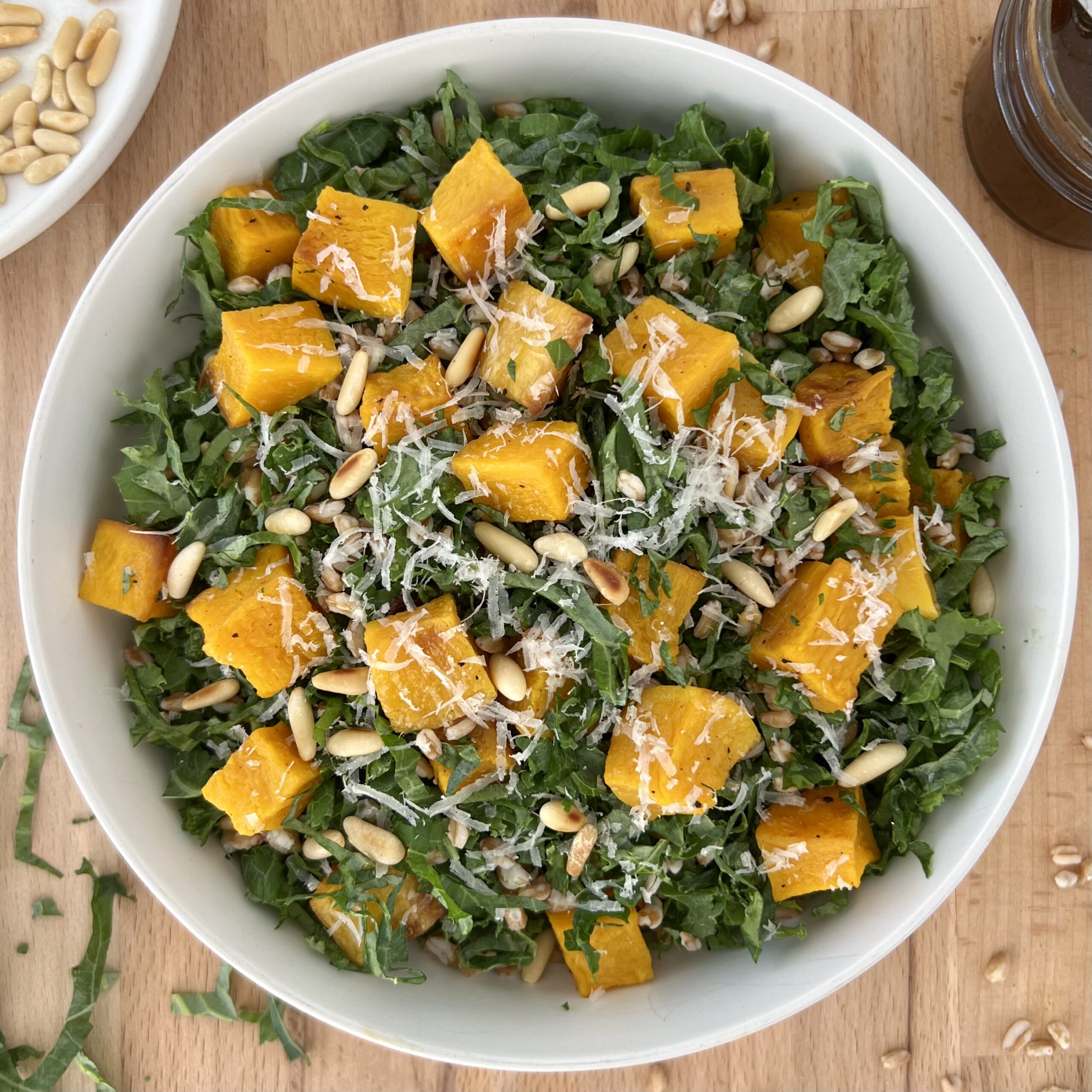 Butternut Squash Kale and Farro Salad with Pine Nuts, Parmesan and Balsamic Vinaigrette