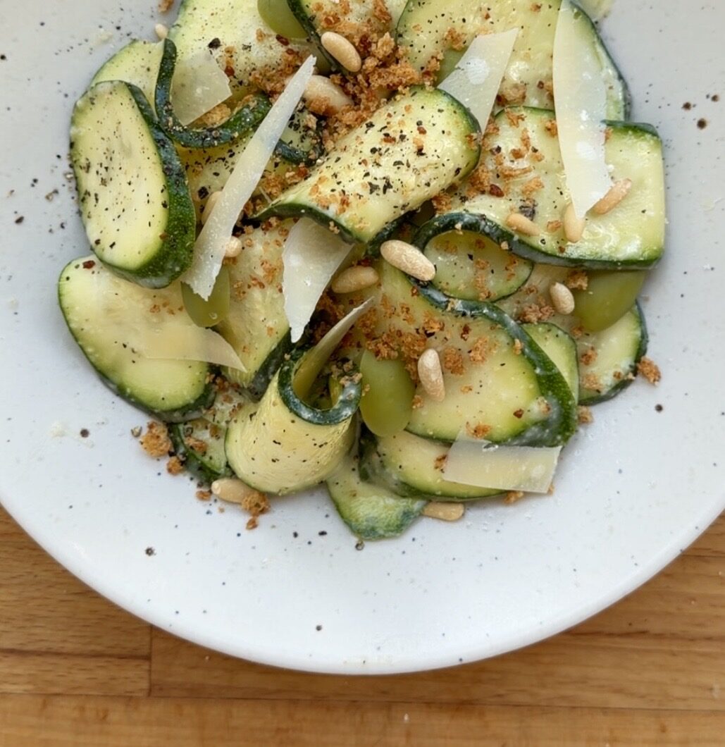 Shaved Zucchini Salad with Parmesan Olives and Cheesy Crumbs (A Caesar-ish Raw Zucchini Salad)