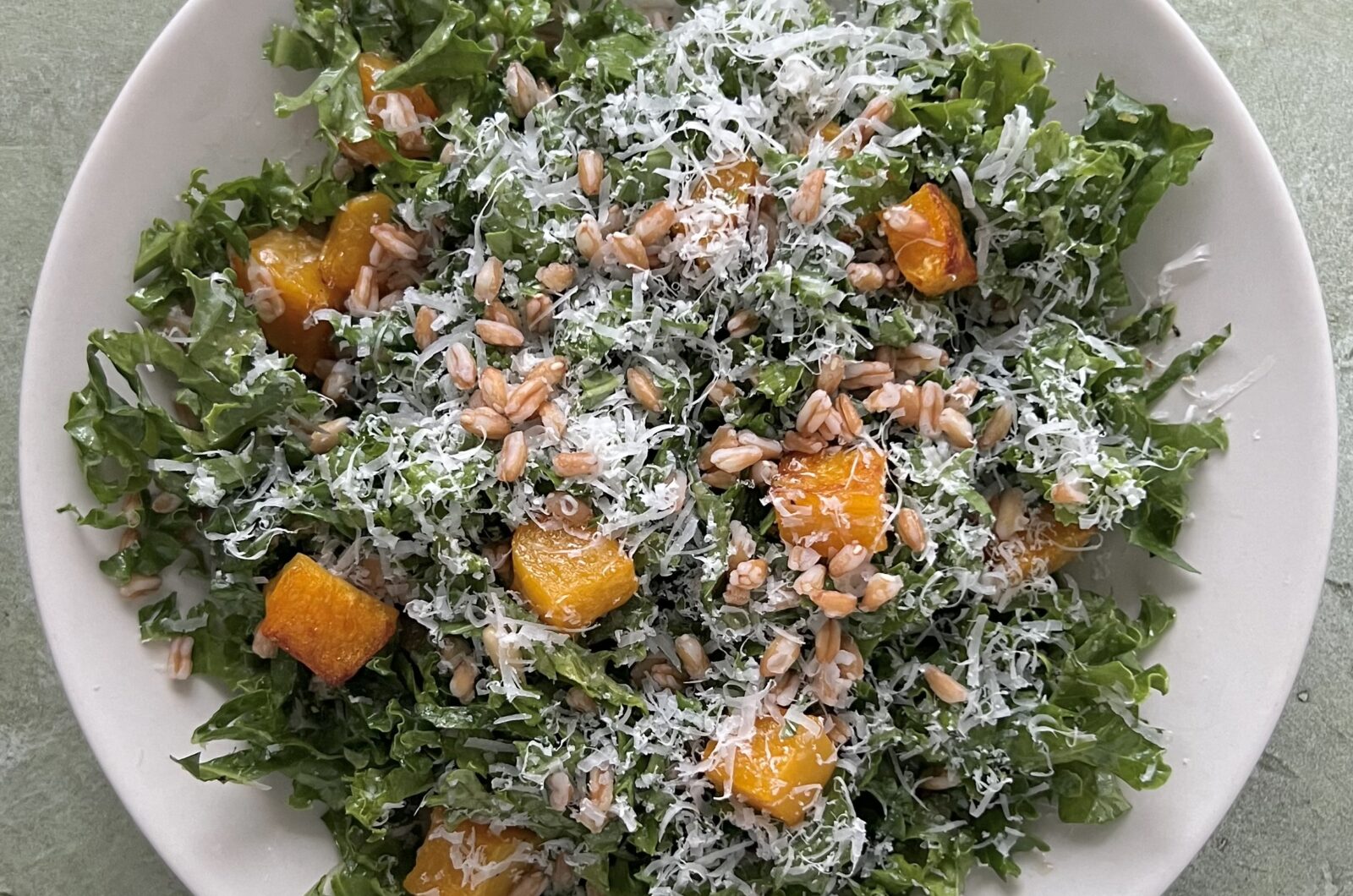 Butternut Squash Kale and Farro Salad with Pine Nuts Parmesan and Balsamic Vinaigrette