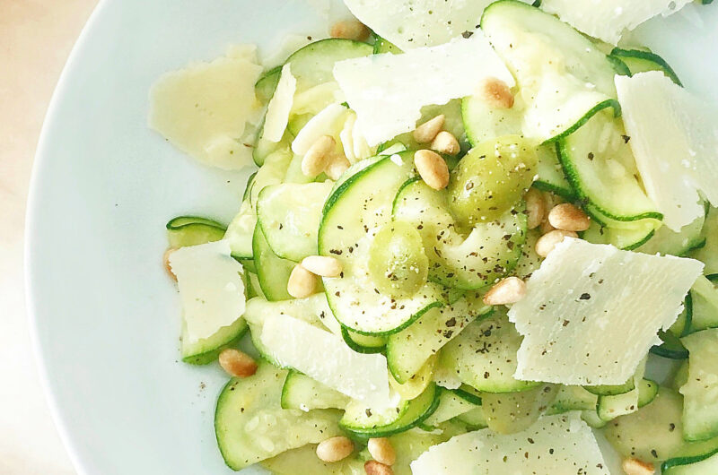 Shaved Zucchini Salad with Parmesan, Castelvetrano Olives, and Pine Nuts