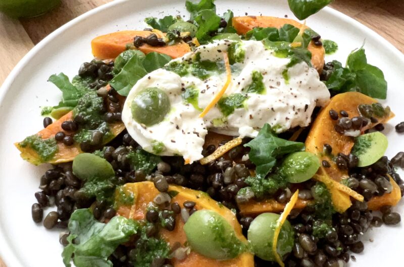 Black Lentil,  Butternut Squash and Burrata Salad with Parsley Caper Dressing