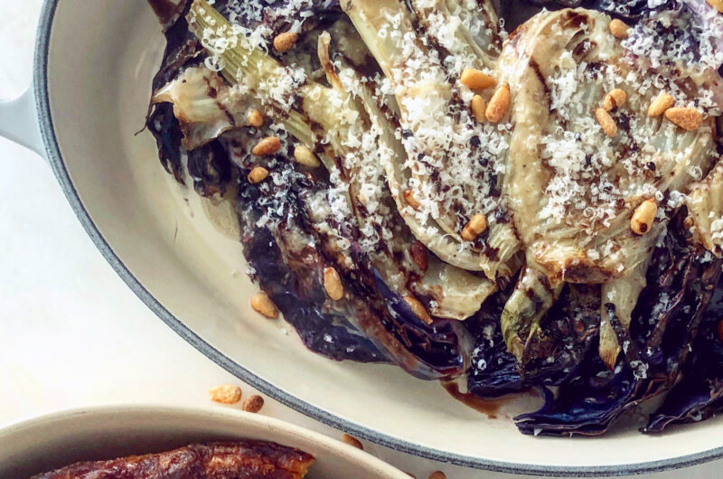 Roasted Cabbage and Fennel with Pine Nuts, Parmesan, and Balsamic Glaze
