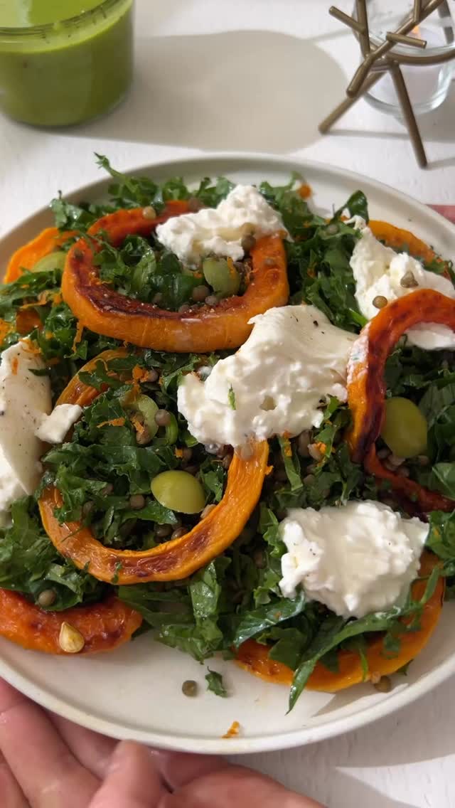LENTIL$ and GREEN$ are definitely going down in my house tomorrow! 🤑🤑🤑

Kale Black Lentil and Butternut Squash Salad with Burrata and Olives (Serves 2-3)

The bottoms of 2 medium peeled butternut squash, seeded and cut into rings (you could also just cut one single squash into rings/discs)
Olive oil or avocado oil
Kosher salt
black pepper
1 1/2 cups cooked black lentils, cold
1 large bunch kale, stems removed and chopped
(2) 4 oz pieces of burrata cheese
1/2 cup pitted Castelvetrano Olives, sliced
2 scallions, sliced
1 small orange, zest only
Parsley Caper Dressing, recipe below

Preheat the oven to 375°F. Line an 18 x 13–inch sheet pan with parchment paper or foil. Toss the butternut squash rings with a small amount of oil, ½ teaspoon kosher salt, and ¼ teaspoon black pepper. Arrange in a single layer on the sheet pan and roast for 35 to 40 min, until tender and lightly browned at the edges. Remove from the oven and cool to room temperature. Place the lentils in a bowl and toss with the kale, scallions, olives, orange zest, and a small amount of the dressing. Spread the salad onto a large serving platter. Arrange the squash rings on top. Top with burrata and drizzle with the dressing.

Parsley Caper Dressing:

3 tbsp plain rice vinegar
1 garlic clove
1 cup parsley leaves
1 tbsp capers
1 scallion top
2/3 cup olive oil
Kosher salt
black pepper 

Add the rice vinegar, garlic clove, parsley leaves, capers, scallion and olive oil into a blender carafe or food processor work bowl. Blend/process the ingredients until homogenous, but still a little bit chunky. Season to taste with Kosher salt and pepper. #thesaladwhisperer #saladrecipes #saladrecipe #saladdressing #lentilsfornewyear