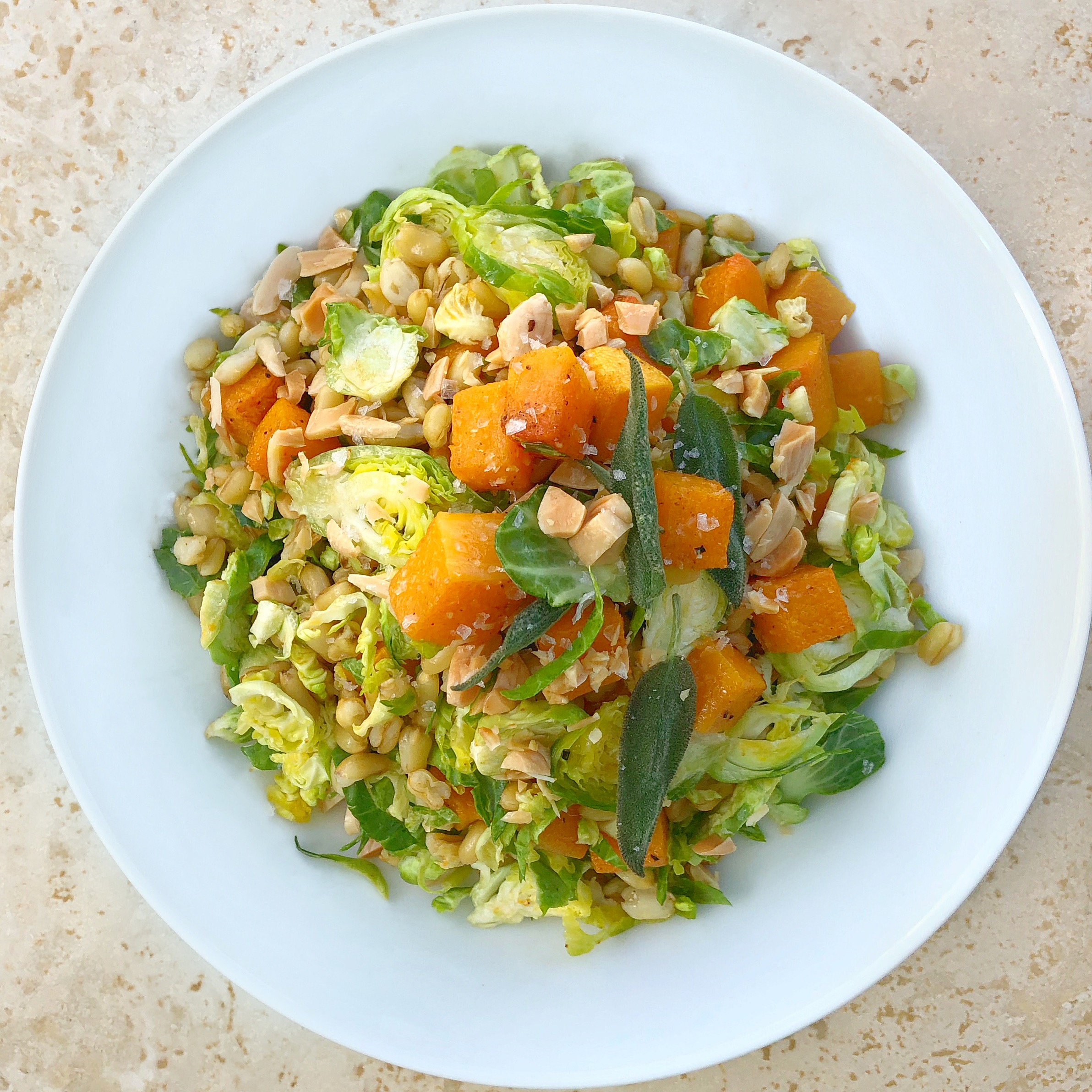 Butternut Squash Brussels Sprout and Barley Salad with Smoky Maple Dressing