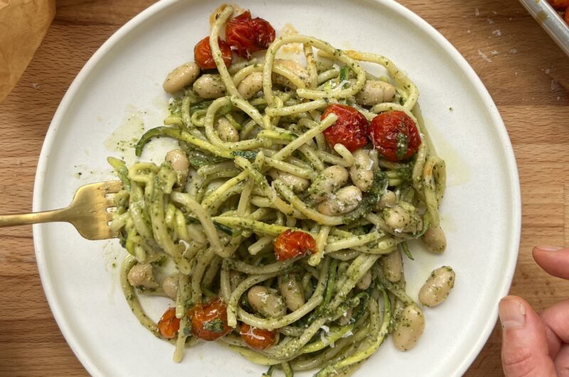 Zucchini Spaghetti with Pesto, White Beans & Roasted Tomatoes