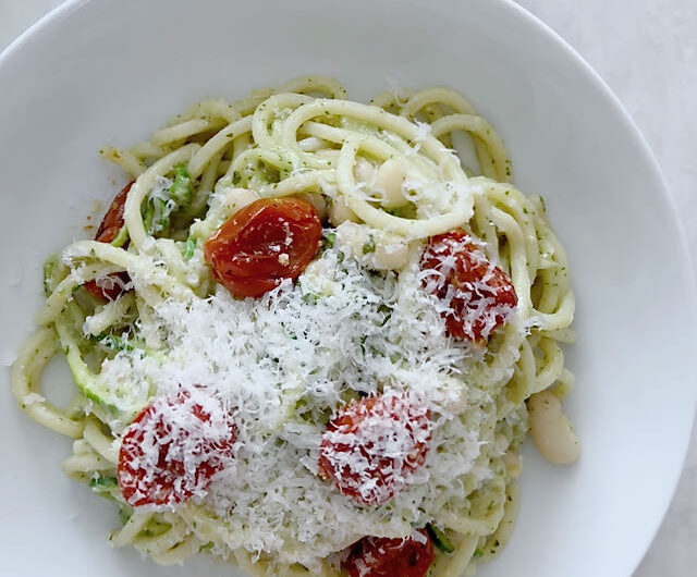 Zucchini Spaghetti with Pesto, White Beans & Roasted Tomatoes