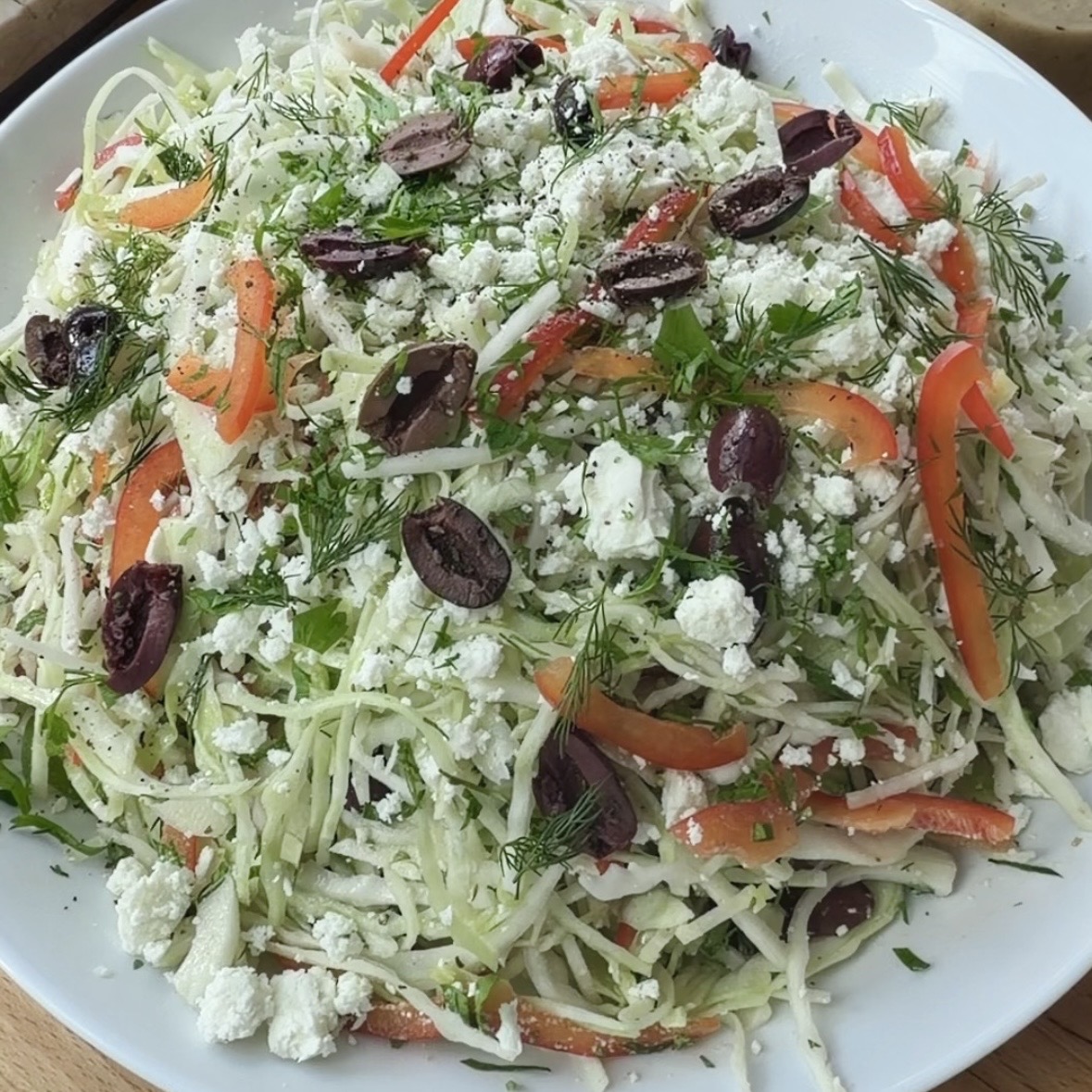 Cabbage Salad with Kalamata olives, red bell pepper herbs and feta cheese
