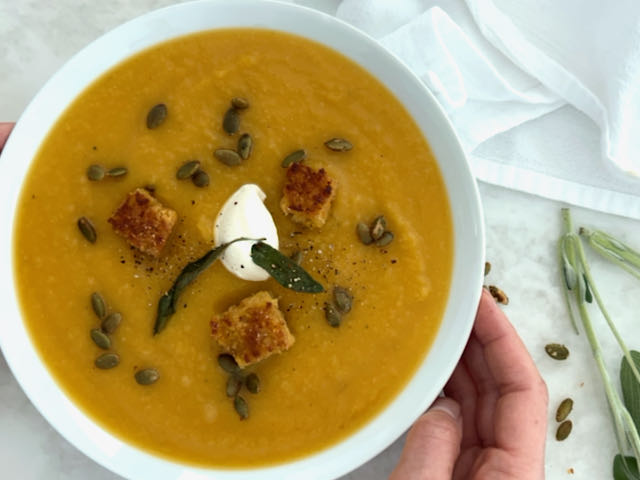 Butternut Squash Soup with Cornbread Croutons and Spiced Pepitas