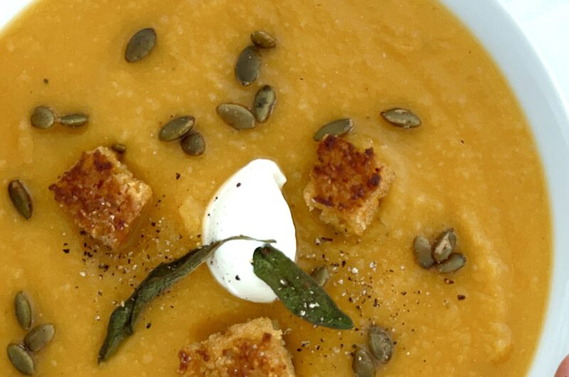 Butternut Squash Soup with Cornbread Croutons and Spiced Pepitas