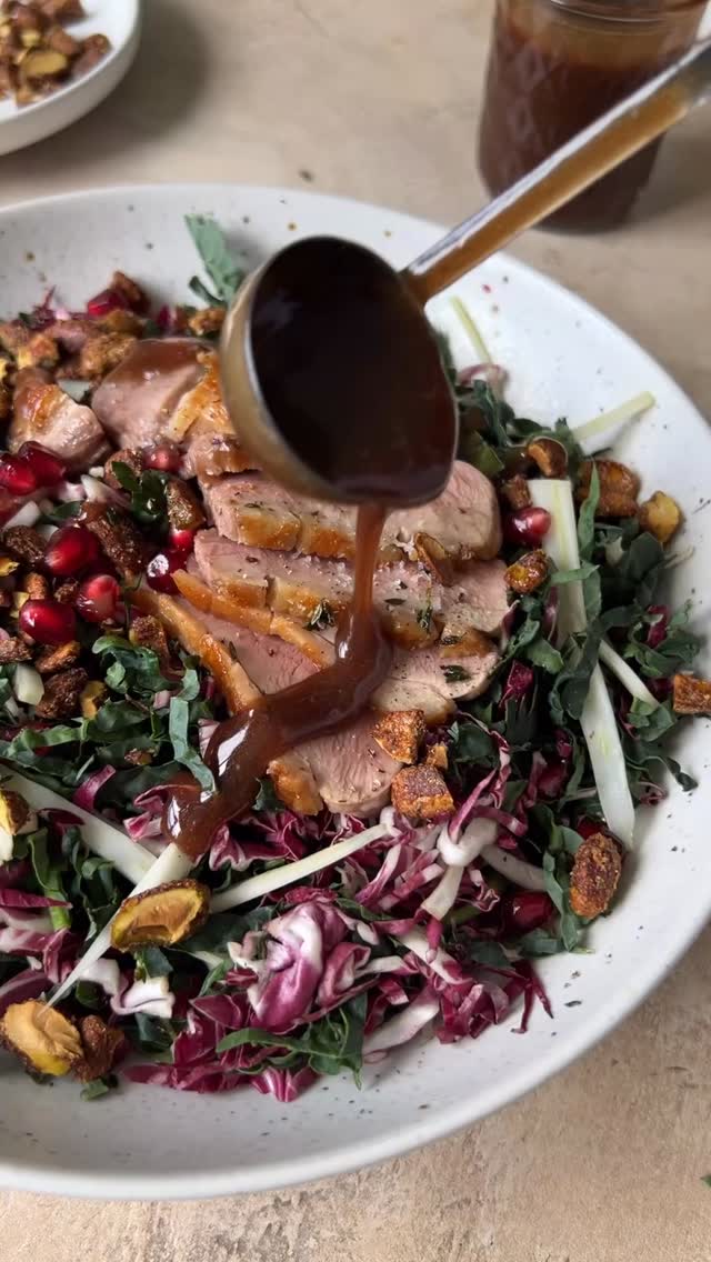 Full Recipe Below! 

Me and my de Buyer carbon steel pan are basically inseparable now, like life partners. As I mentioned in the video, once carbon steel develops a patina, it’s naturally nonstick! No sprays, no drama, just chemistry. #ad #debuyerusa 

From November 15–30, @debuyerusa is offering up to 50% off sitewide, including 20% off all carbon steel. No code! No minimum purchase! Free shipping! Trust me, you’ll want to stock up for the holidays. (Some exclusions apply.) Comment LINK and I will DM you a link to the sale!

Seared Duck Salad with Pomegranate Molasses Vinaigrette and Candied Pistachios
(Serves 2)

Kosher salt
2 duck breasts
1 smashed garlic clove
A few sprigs of thyme
1  egg white
1 tablespoon water
8 ounces raw pistachios (you’ll have plenty leftover)
5 tablespoons sugar
½ teaspoon ground ginger
 ¼ teaspoon ground clove
black pepper
2 tablespoons pomegranate molasses
3 tablespoons balsamic vinegar
1 teaspoon Dijon mustard
6 tablespoons extra-virgin olive oil
1 bunch lacinato kale
1 small head radicchio 
1 shaved fennel bulb
½ cup pomegranate

Salt duck breasts and refrigerate uncovered for 24 hours to dry out the skin.  For the candied pistachios, whisk 1 egg white with 1 tbsp water, toss with 8 oz. raw pistachios, 5 tbsp sugar, ½ tsp ground ginger, ¼ tsp clove, ½ tsp kosher salt, and black pepper. Bake at 350°F for 35 minutes, stirring once. Score duck breasts just before cooking, then render skin-side down in a cold pan over medium-low for 10–12 minutes until golden, pouring off fat as needed, until 1 tbsp remains in the pan. Add garlic clove and thyme. Crank heat to medium-high to crisp the skin, flip, and cook 1–3 minutes to 130–135°F. Rest skin-side up. For the Vinaigrette: Whisk 2 tbsp pomegranate molasses, 3 tbsp balsamic, 1 tsp Dijon, and 6 tbsp olive oil for the dressing. Toss 1 bunch lacinato kale, 1 small head radicchio, 1 shaved fennel bulb, ½ cup pomegranate arils, and candied pistachios with the vinaigrette. Slice duck and serve over the salad.