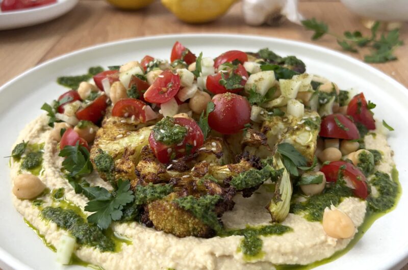 Cauliflower Steak Hummus Plate with Tomato Chickpea and Fennel Salad