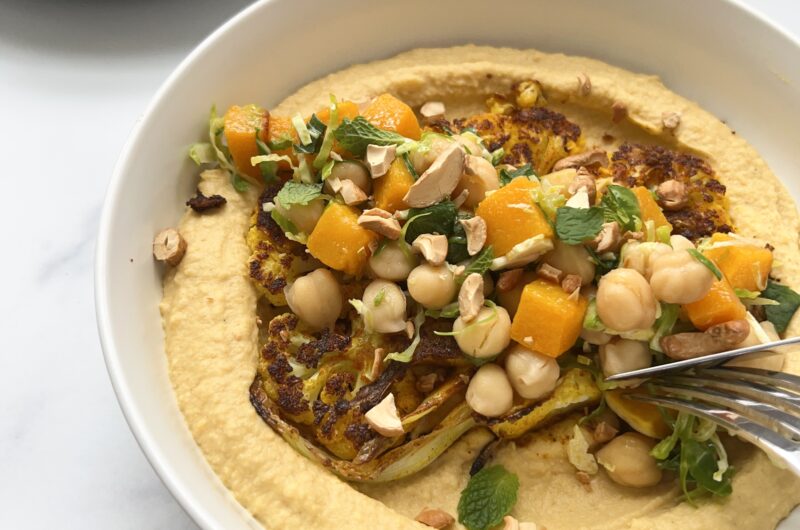 Cauliflower Steak and Butternut Squash Hummus Plate with Brussels Sprout, Butternut Squash and Chickpea Salad