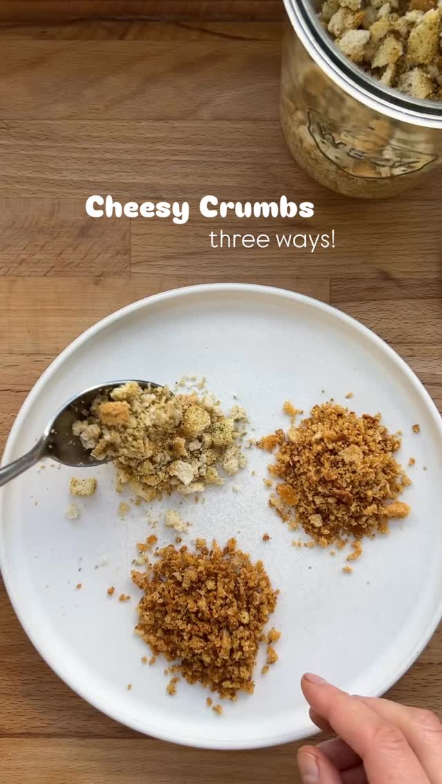 CHEESY CRUMBS 3 WAYS!

1) Baked Cheesy Crumbs 

4 pieces of old hard bread (if not rock hard, dry out in a 200°F oven)
3 tbsp extra-virgin olive oil
1/2–3/4 tsp seasoned salt*
1/2 tsp Italian Seasoning
3 tbsp finely grated Pecorino

Preheat oven to 350°F and line a small sheet pan. Pulse broken bread pieces in a food processor to crumbs just smaller than a pencil eraser; sift out floury bits. Toss crumbs with oil, seasoned salt, Italian Seasoning and Pecorino. Bake 15 minutes, stirring once or twice. Cool completely.

*No seasoned salt? Use 1/4 tsp each granulated garlic + smoked paprika, 1/8 tsp sugar, 1/2 tsp kosher salt.

2) Skillet Toasted Crumbs
1/2 cup panko bread crumbs (I’m using @kooshy sourdough panko)
2 tbsp extra-virgin olive oil
1/2–3/4 tsp seasoned salt (see above for recipe)
1/2 tsp Italian Seasoning
2 tbsp Pecorino cheese

Heat oil in a 10” skillet over medium. Add crumbs and toast for a few minutes. Add seasoned salt and oregano and continue toasting, stirring often, until golden, about 3-4 minutes. Remove from heat, stir in Pecorino, and cool on a paper-towel lined plate.

3) The Easy One
Crush a bag of premium croutons (I’m using @kooshy Mambo Italiano Sourdough Croutons) #kooshypartner #ad #thesaladwhisperer