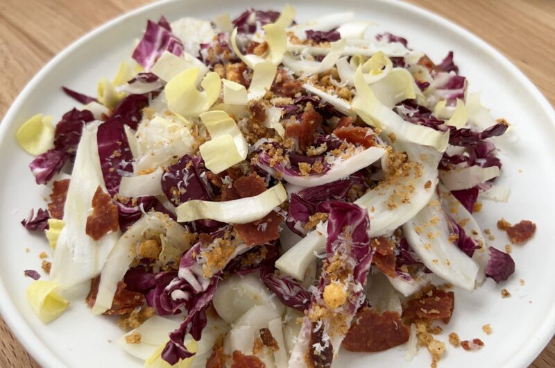 Endive, Fennel, and Radicchio Salad with Soppressata  Crisps and White Balsamic Vinaigrette