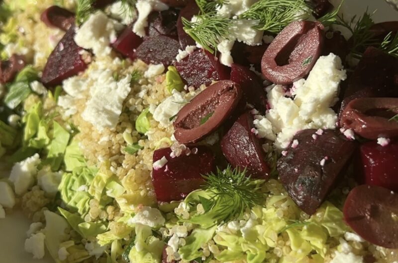 Greek Inspired Beet Smashed Brussels Sprout and Quinoa Salad