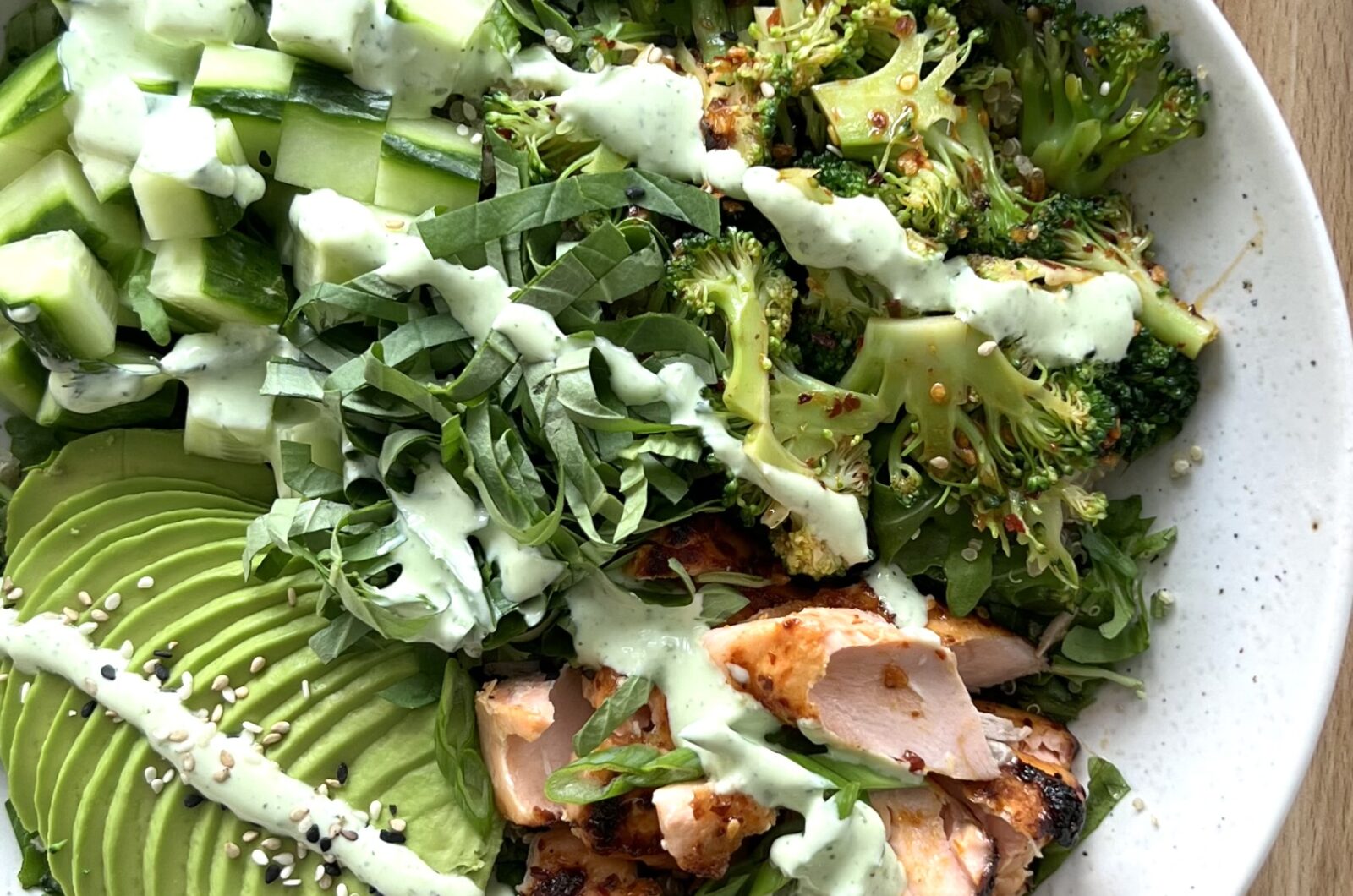 My Go-To Sweetgreen Order: Miso Glazed Salmon Quinoa Bowl with Sweetgreen Copycat Spicy Broccoli & Green Goddess Ranch Dressing