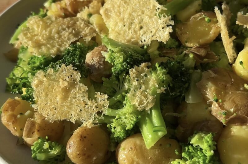 Broccoli and Potato Salad with Parmesan Frico and Lemon Rosemary Dressing