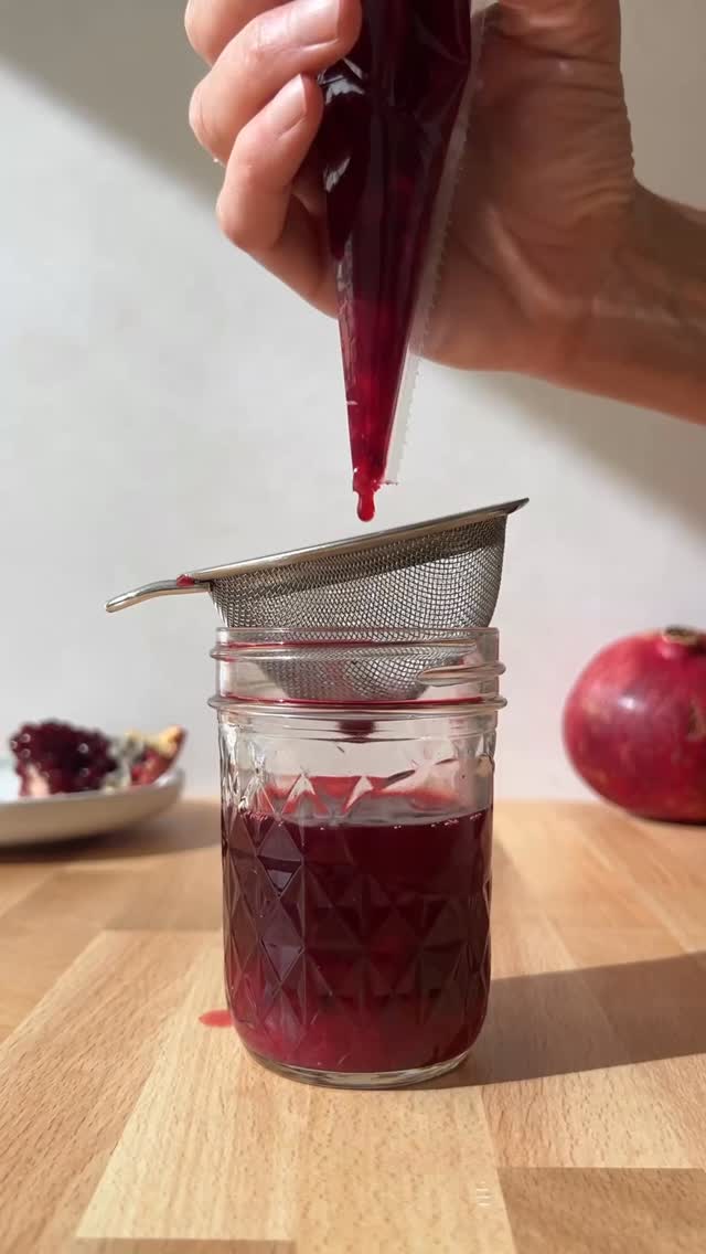 HOW TO JUICE A POMEGRANATE

1 medium pomegranate (yields appx. 1 1/2-2 cup arils and 6-8 oz. juice)

Crush pomegranate arils in pastry bag (could also use a heavy duty zip-lock), then cut a small hole in the corner once the arils have released a good bit of their juice. Place a strainer over a jar and let the juice drain out of the bag. 

Pomegranate Molasses
Makes about 1 cup

4 cups unsweetened pomegranate juice
½ cup sugar
2 tbsp fresh lemon juice
 In a wide, heavy-bottomed saucepan, stir together pomegranate juice, sugar, and lemon juice. Bring to a boil over medium heat, then reduce to low and simmer uncovered. Stir occasionally to prevent scorching. Continue simmering until the liquid thickens and reduces to about 1 cup. It should coat the back of a spoon. This takes about 60–75 minutes, depending on your pot and heat level. I use a frozen spoon to gauge doneness- it should coat the back of a spoon, and be thicker than maple syrup but less thick than honey. Let cool completely, then pour into a clean glass jar. Store in the fridge for up to 6 months.
#thesaladwhisperer #pomegranatejuice