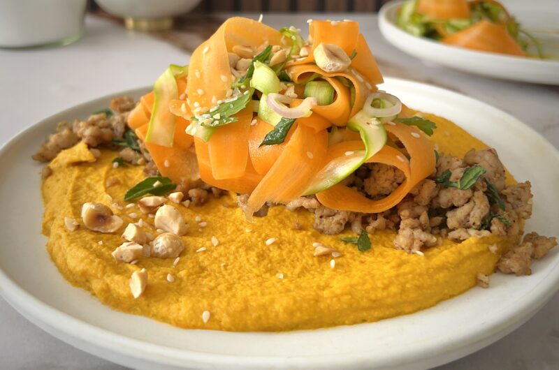 Roasted Carrot Miso Hummus Plate with Spiced Chicken (and Shaved Carrot & Asparagus Salad)