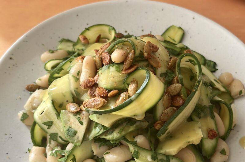Shaved Zucchini White Bean and Avocado Salad with Spiced Pepitas and Sherry Vinaigrette