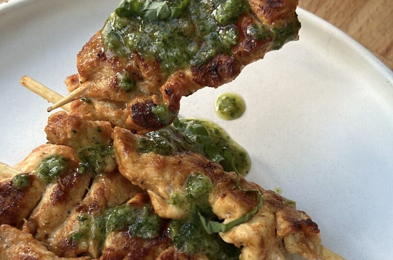 Yogurt Marinated Mediterranean Chicken Skewers with Parsley Caper Sauce