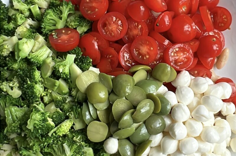 Caprese Inspired Broccoli and White Bean Salad with Castelvetrano Olives and Balsamic Vinaigrette