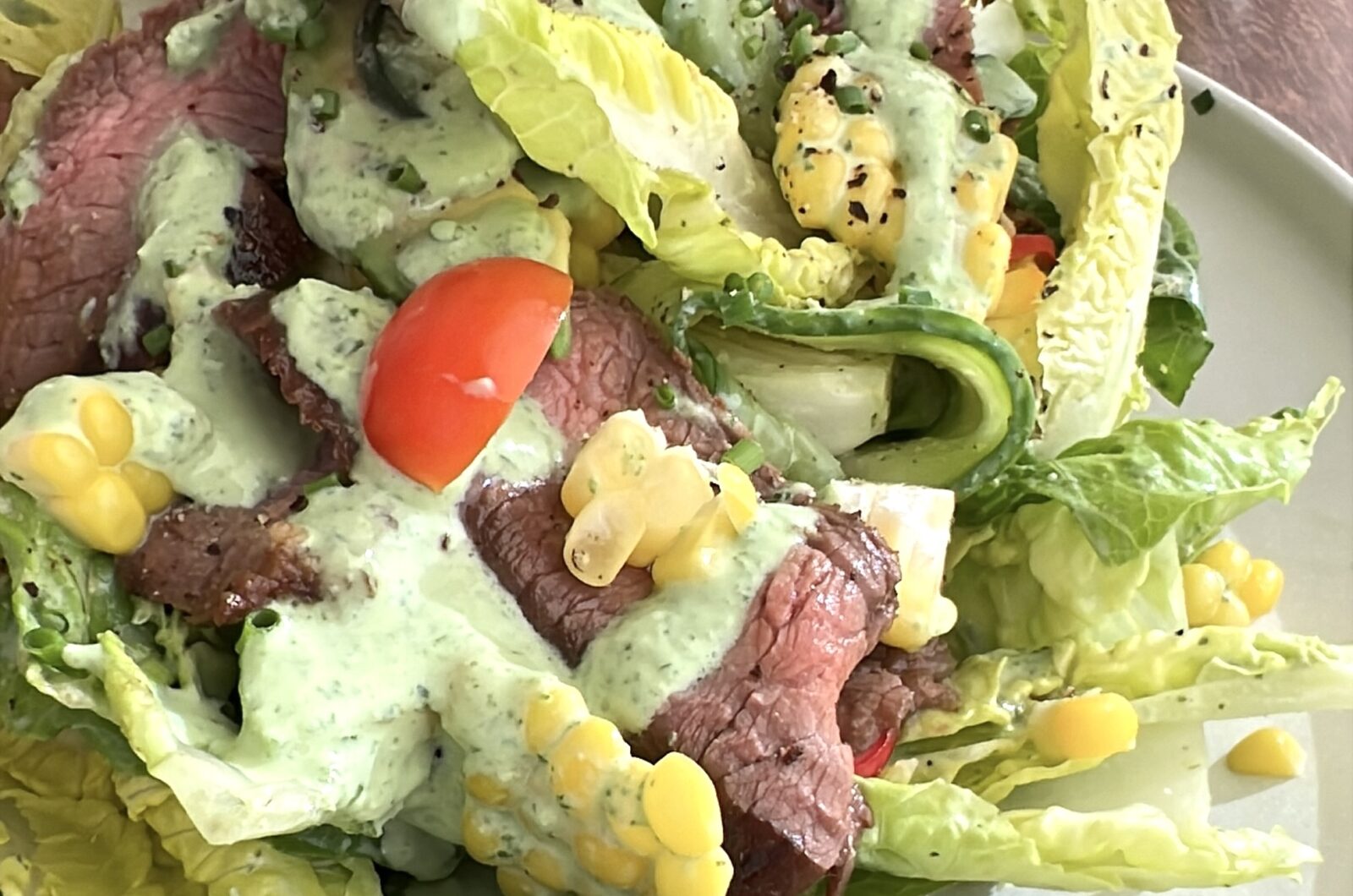 Little Gem Steak Salad with Basil Yogurt Dressing