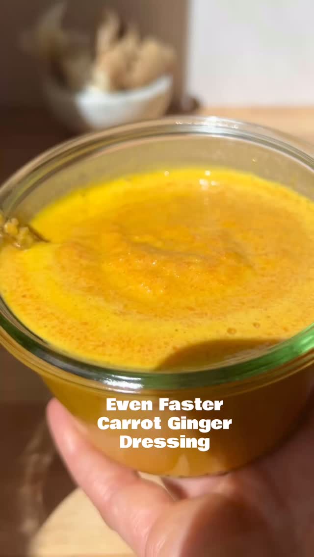 Even Faster Carrot Ginger Salad Dressing 
(Makes appx. 1 qt):

12 oz. bag of shredded carrots
2 inch piece of ginger, peeled + sliced into 1/2 inch pieces
2-3 peeled garlic cloves
2 scallions, whites only, sliced
1/2 cup SEASONED rice vinegar (if using plain rice vinegar, I recommend adding 1 1/2-2 tbsp of honey or sugar to sweeten the dressing)
1/2 cup water
1 tbsp soy sauce
1 tbsp toasted sesame oil
1/2 cup neutral flavored oil like avocado or grapeseed
Kosher salt

Place half the carrots, ginger, garlic, scallion, vinegar, water, and soy sauce into a quart sized receptacle (like a mason jar or a large deli container) and blend using an immersion blender until smooth. Add the remaining carrots and blend.  Drizzle in oils and season to with  Kosher salt. Consume within 4 days for optimal freshness.

To prepare the beef bowls you’ll need:
3/4 cup cooked jasmine rice
5 oz. cooked ground beef (I cooked mine with garlic, onion, celery and a tiny bit of fresh ginger)
2 wedges of steamed savoy cabbage (steamed for just 2 min) 
1/2 cup cooked edamame
1/4 avocado
Garnish: chili crisp and sesame seeds