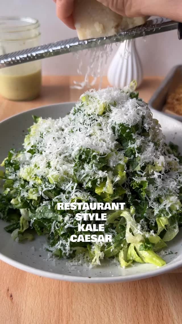 Kale Caesar Salad
(Serves 4)

4 pieces of old hard bread (dry out in 200° (F) oven if it’s not hard enough)
3 tbsp extra-virgin olive oil
1/2-3/4 tsp seasoned salt (if you don’t have use scant 1/4 tsp each granulated garlic and smoked paprika, 1/8 tsp sugar and kosher salt to taste)
3 tbsp grated Pecorino cheese (the kind that looks like sand)
3 oz. block of Parmigiano Reggiano cheese (for grating on top of salad)
6 cups chopped romaine (from 2-3 romaine hearts)
6 cups thinly sliced kale
One batch Eggless Caesar Dressing (recipe below)

Preheat oven to 350°F and line a small sheet pan with parchment. Tear bread into chunks and pulse in a food processor until crumbs are just smaller than a pencil eraser. Sift out any floury bits.Toss crumbs with oil, seasoned salt, and 3 tbsp grated Parmesan. Spread on the pan and bake 15 min, stirring once or twice. Cool completely. Add lettuce to a large bowl with appx. ⅓ cup dressing. Toss gently. Add ½ cup grated (sandy) cheese, toss again, and taste. Adjust with more dressing and cheese as you like. Finish with cheesy breadcrumbs and a shower of fresh Parmesan.

EGGLESS CAESAR DRESSING
(Makes appx. 1 1/4 cups)

4 tbsp lemon juice
1 tbsp capers, drained
1/2 tbsp Dijon mustard
3 peeled garlic cloves
1/2 tsp Worcestershire sauce 
2/3 cup neutral flavored oil (such as avocado or grapeseed
2 tbsp extra virgin olive oil
3 cloves garlic, peeled and crushed
Kosher salt
Black pepper

Add the lemon juice, garlic, capers, Dijon mustard and worcestershire sauce to a blender, or a pint sized receptacle, if using an immersion  blender. Blend until the garlic and capers are finely chopped. With the blender motor running, drizzle in the neutral oil, then the olive oil, and season to taste. 

P.S If you missed my Chicken Cutlet tutorial, comment CHICKEN and I’ll send it to ya! 

#thesaladwhisperer