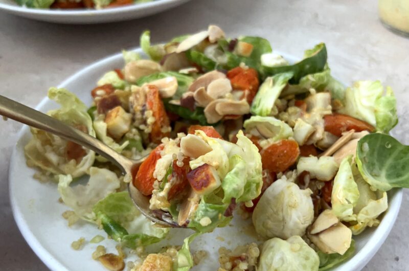 Roasted Carrot Smashed Brussels Sprouts and Quinoa Salad with Halloumi Croutons and Orange Tahini Dressing