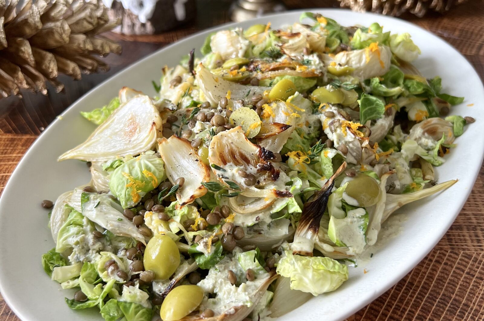 Roasted Fennel Smashed Brussels Sprout and Lentil Salad with Green Olive and Caper Dressing