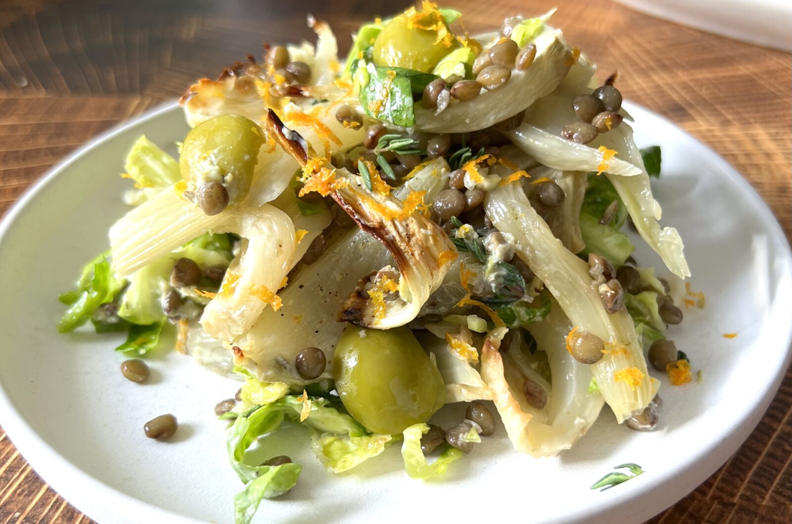 Roasted Fennel Lentil & Smashed Brussels Sprout Salad with Green Olive and Caper Dressing