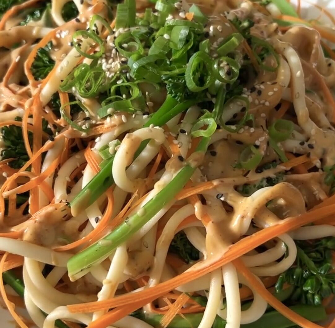 Baby Broccoli Carrot and Noodle Salad with Salmon & Spicy Peanut Dressing 