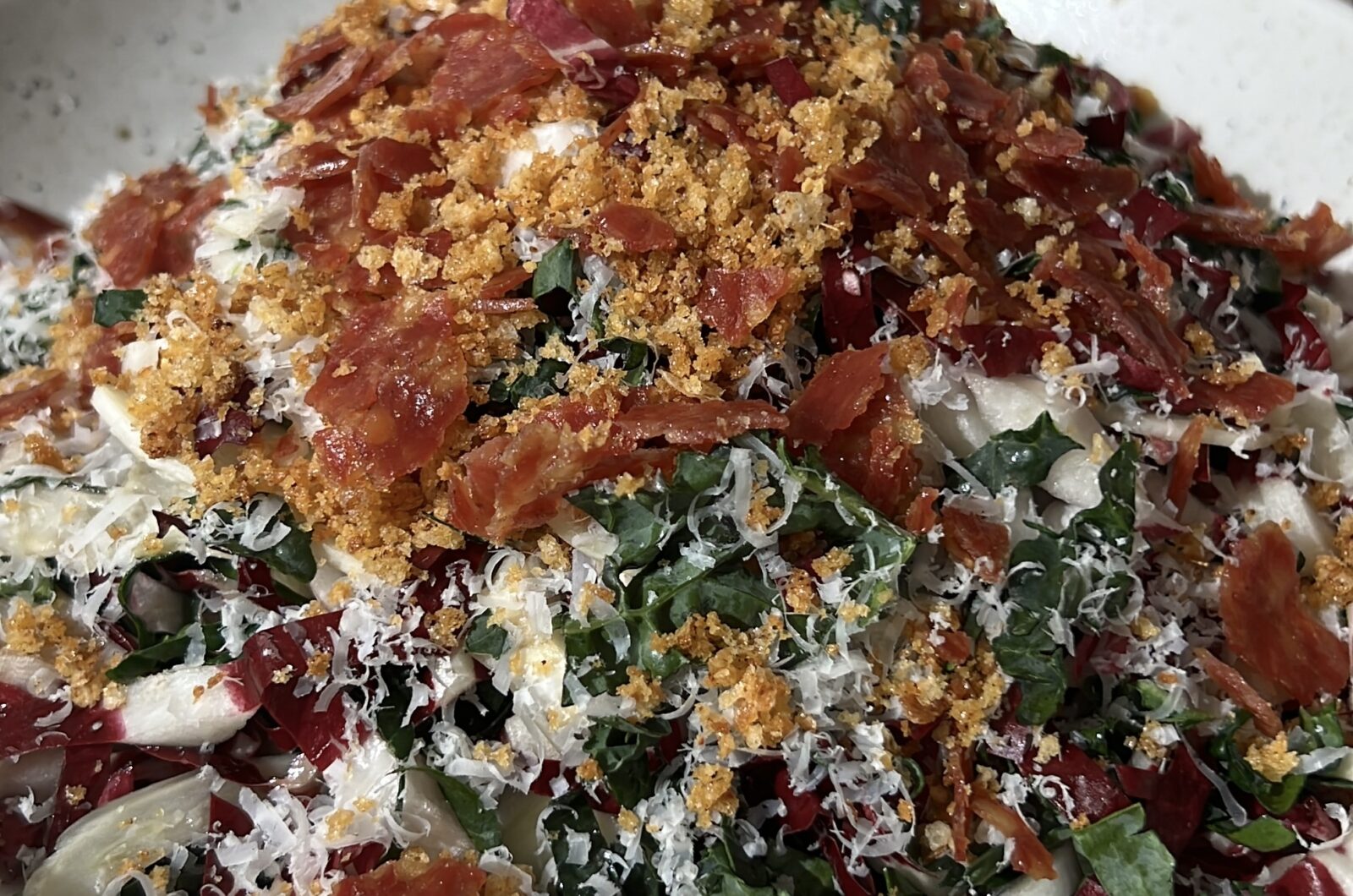 Radicchio Endive and Kale Salad with Crispy Soppressata and White Balsamic Vinaigrette