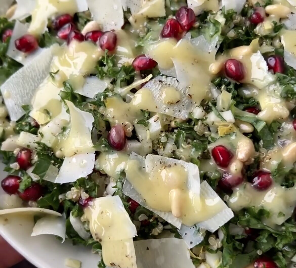 Kale Quinoa Salad with Pomegranate and Champagne Vinaigrette