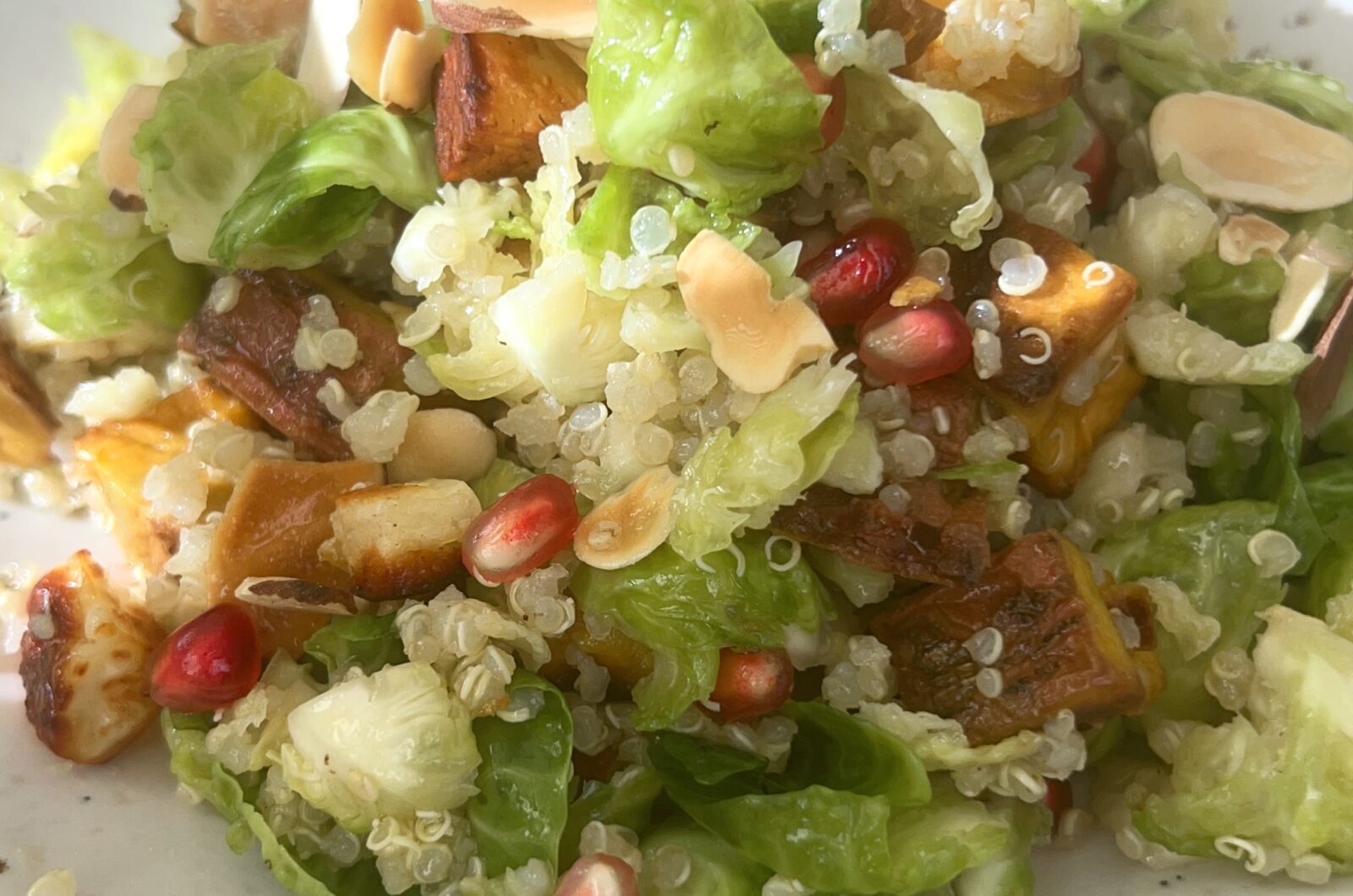 Sweet Potato Brussels Sprout and Quinoa Salad with Maple Dijon Dressing & Halloumi Croutons