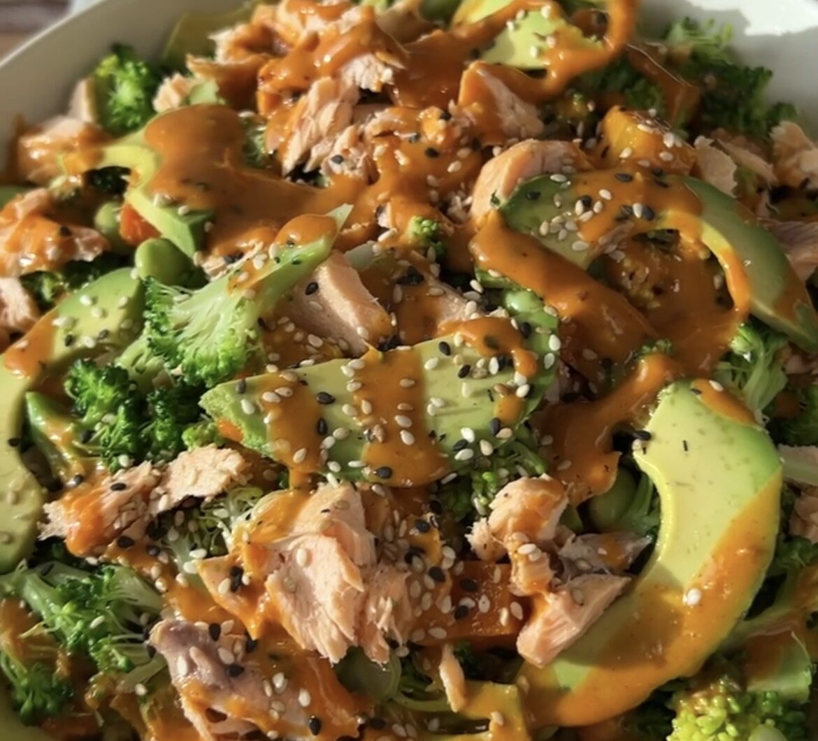 Spicy Salmon Butternut Squash and Broccoli Salad with Gochujang Sesame Dressing