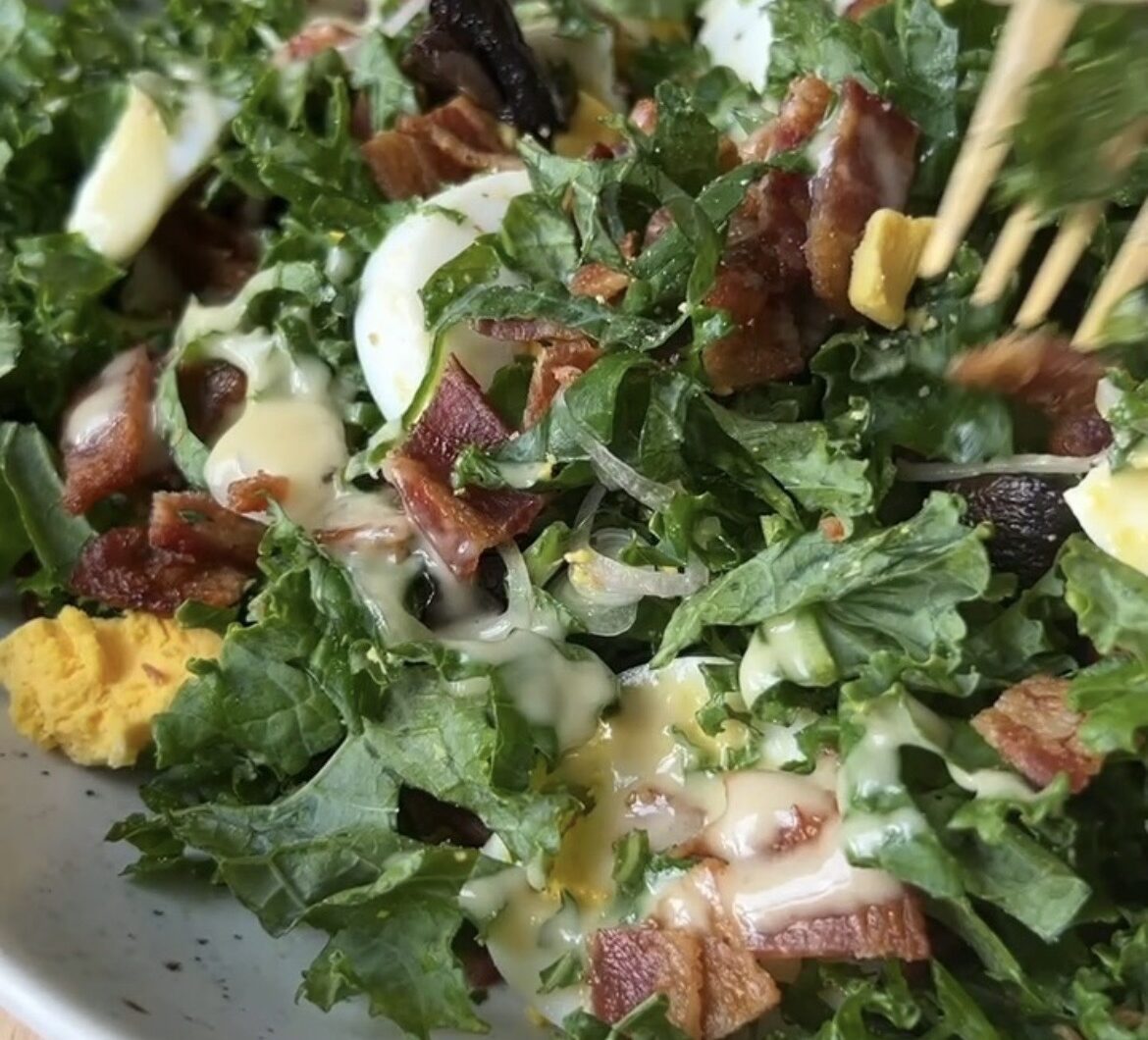 Kale and Roasted Mushroom Salad with Hardboiled Eggs and Bacon Vinaigrette