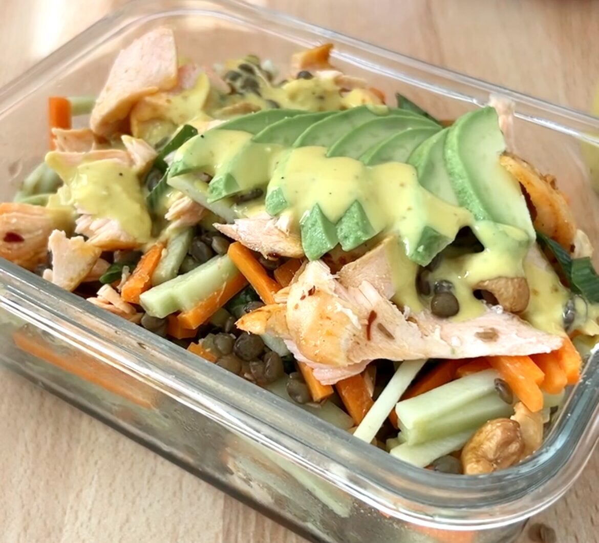 Broccoli and Carrot Slaw with Lentils Salmon and Turmeric Ginger Tahini Dressing