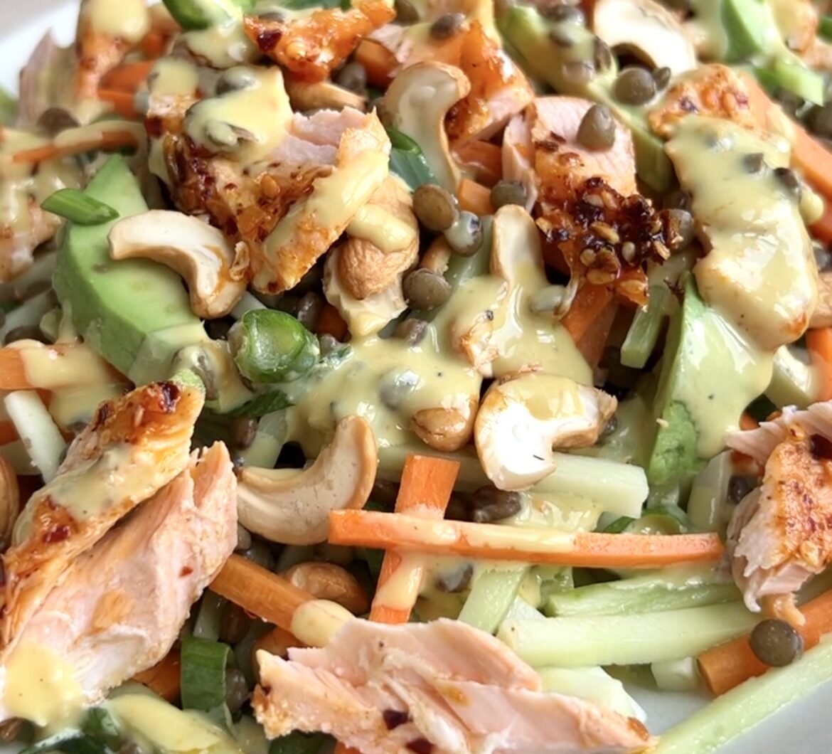 Broccoli and Carrot Slaw with Lentils Salmon and Turmeric Ginger Tahini Dressing