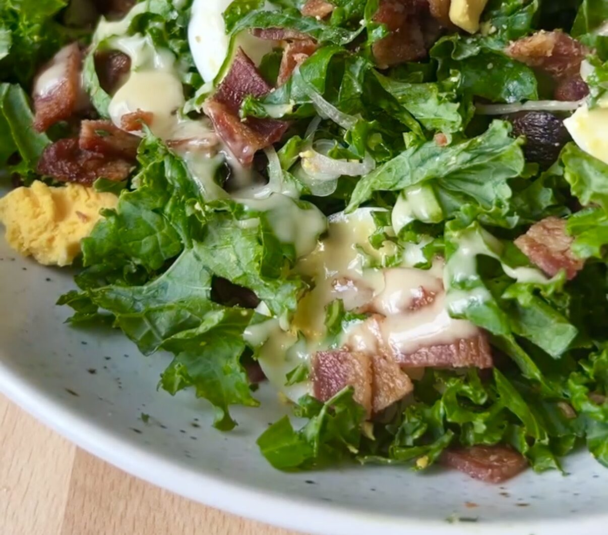 Kale and Roasted Mushroom Salad with Hardboiled Eggs and Bacon Vinaigrette