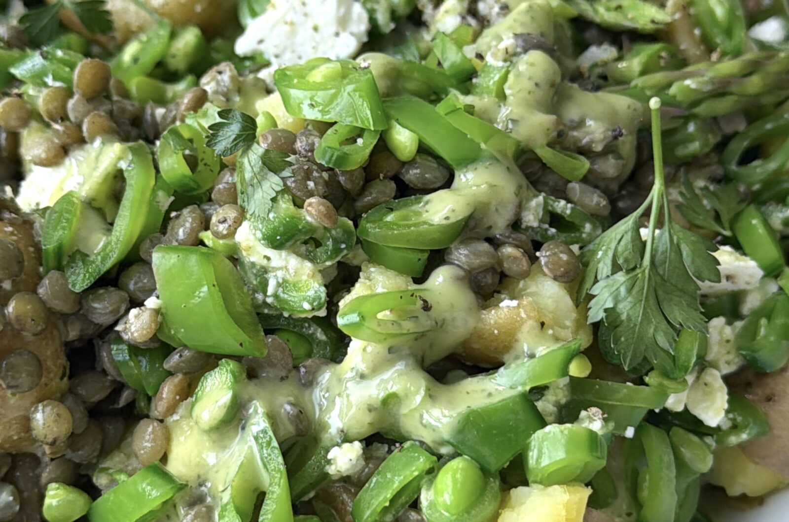 Snap Pea Asparagus Potato and Lentil Salad with Green Goddess Dressing
