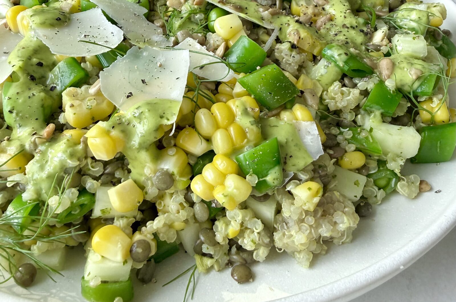 Green Goddess Snap Pea Corn Quinoa and Lentil Salad