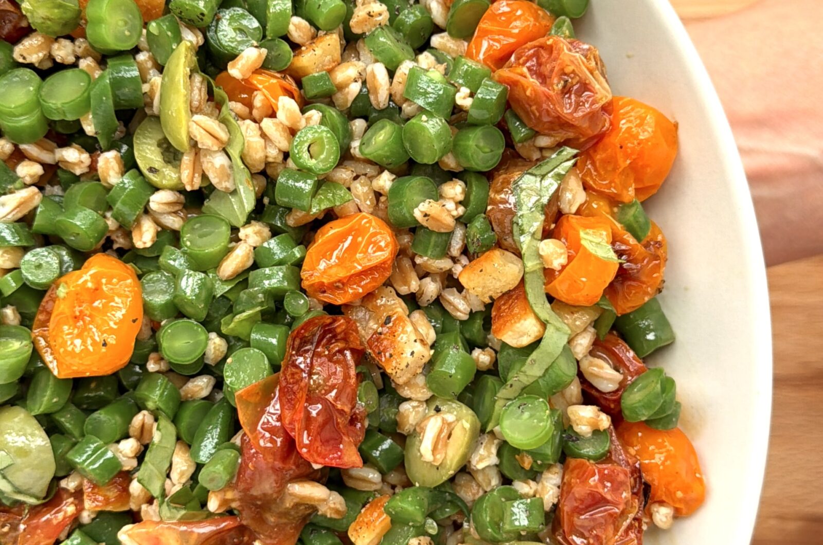 Roasted Tomato Green Bean and Farro Salad with Halloumi Croutons and Balsamic Vinaigrette