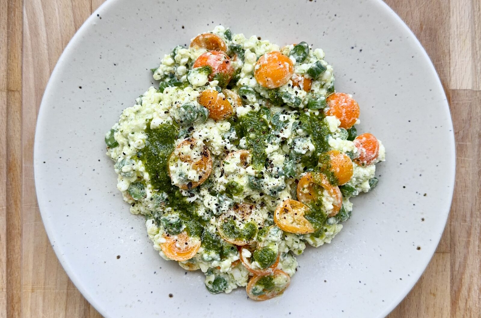 Green Bean and Tomato Salad with Pesto Cottage Cheese