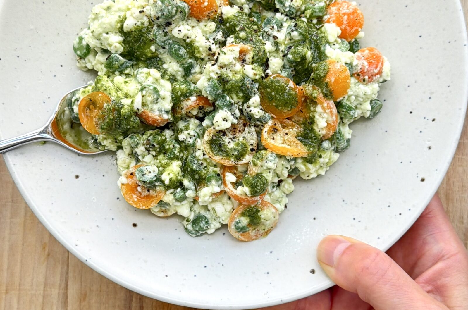 Green Bean and Tomato Salad with Pesto Cottage Cheese